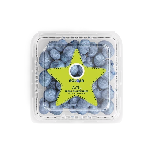 Solqar Farm 125 g fresh blueberry punnet, clear pack with a lime star-shaped lid sticker