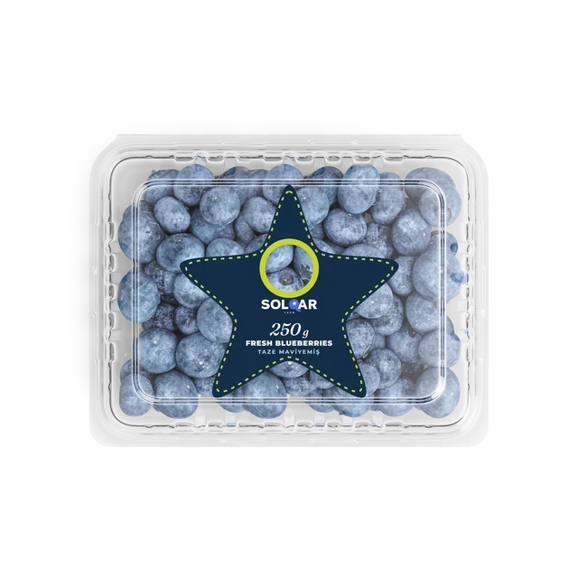 Solqar Farm 250 g fresh blueberry punnet, larger clear pack with a navy star-shaped lid sticker