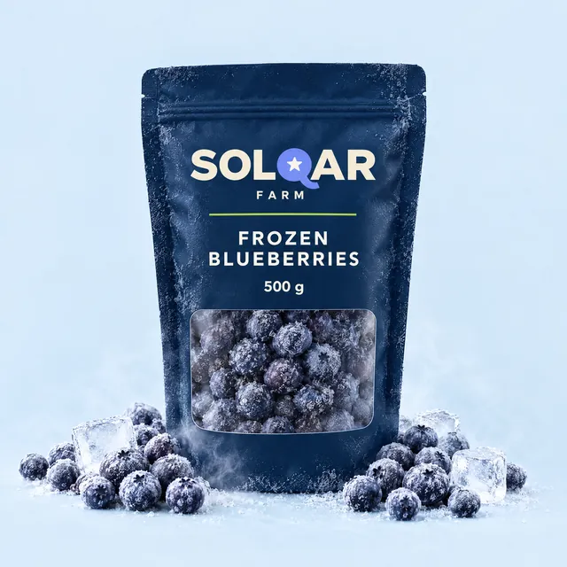 Solqar Farm 500 g frozen blueberries in a frosted navy resealable bag